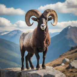 A vibrant image of a majestic ram standing on a mountaintop, with bright daylight gleaming off its curved horns.