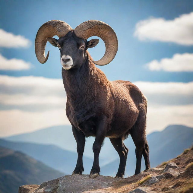 A vibrant image of a majestic ram standing on a mountaintop, with bright daylight gleaming off its curved horns.