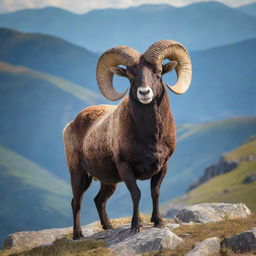 A vibrant image of a majestic ram standing on a mountaintop, with bright daylight gleaming off its curved horns.