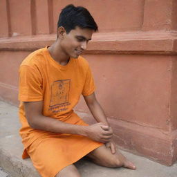 Generate a 3D image of an 18-year-old boy at the Ram Mandir in Ayodhya. He's wearing a saffron-coloured t-shirt with 'Akshay' written on both front and back, humbly touching the feet of Shree Ram statue.