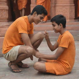 Generate a 3D image of an 18-year-old boy at the Ram Mandir in Ayodhya. He's wearing a saffron-coloured t-shirt with 'Akshay' written on both front and back, humbly touching the feet of Shree Ram statue.