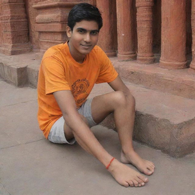 Generate a 3D image of an 18-year-old boy at the Ram Mandir in Ayodhya. He's wearing a saffron-coloured t-shirt with 'Akshay' written on both front and back, humbly touching the feet of Shree Ram statue.