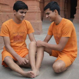 Generate a 3D image of an 18-year-old boy at the Ram Mandir in Ayodhya. He's wearing a saffron-coloured t-shirt with 'Akshay' written on both front and back, humbly touching the feet of Shree Ram statue.