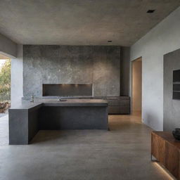 Interior of a modern house featuring a natural rockface wall, discreet yet illuminating lighting, sleek darkwood furniture, and polished concrete countertops.