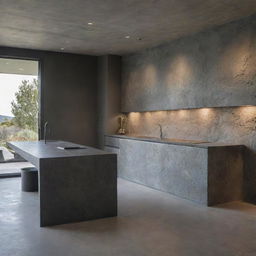 Interior of a modern house featuring a natural rockface wall, discreet yet illuminating lighting, sleek darkwood furniture, and polished concrete countertops.