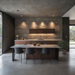 Interior of a modern house featuring a natural rockface wall, discreet yet illuminating lighting, sleek darkwood furniture, and polished concrete countertops.