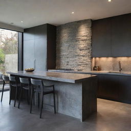 Interior of a modern house featuring a natural rockface wall, discreet yet illuminating lighting, sleek darkwood furniture, and polished concrete countertops.