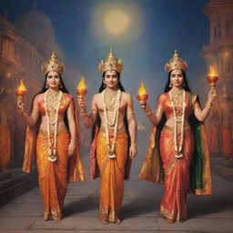 Lord Rama, Sita, and Lakshmana in royal attire, joyously returning to a festively decorated Ayodhya glowing with rows of oil lamps.