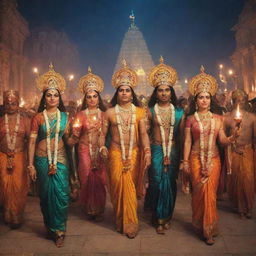 Lord Rama, Sita, and Lakshmana in royal attire, joyously returning to a festively decorated Ayodhya glowing with rows of oil lamps.