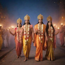 Lord Rama, Sita, and Lakshmana in royal attire, joyously returning to a festively decorated Ayodhya glowing with rows of oil lamps.