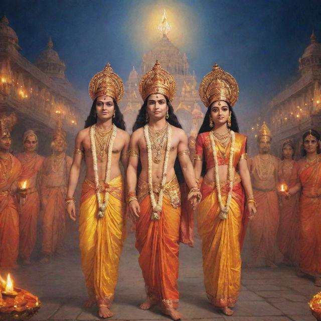 Lord Rama, Sita, and Lakshmana in royal attire, joyously returning to a festively decorated Ayodhya glowing with rows of oil lamps.