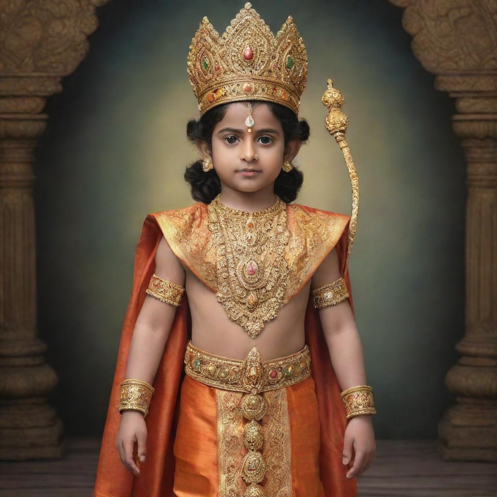 A five year old interpretation of Lord Rama, wearing richly detailed royal attire, standing with a youthful innocence yet a formidable presence.