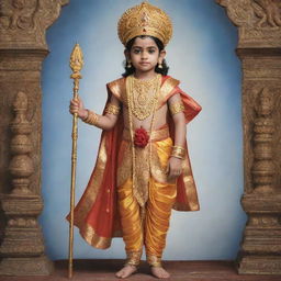 A five year old interpretation of Lord Rama, wearing richly detailed royal attire, standing with a youthful innocence yet a formidable presence.