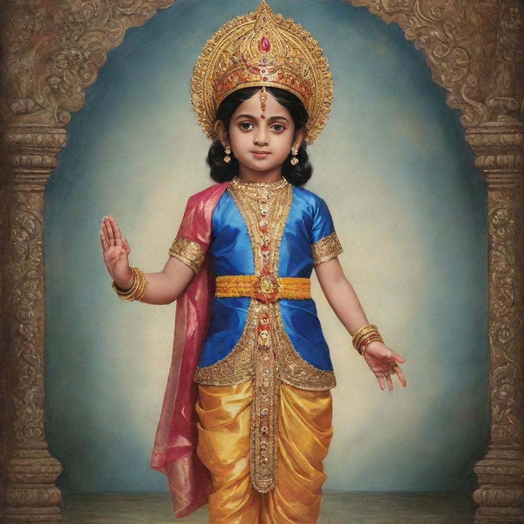 A five year old interpretation of Lord Rama, wearing richly detailed royal attire, standing with a youthful innocence yet a formidable presence.