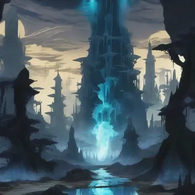In the anime series, the underworld is depicted as a realm filled with mysterious plutonic formations and landscapes.