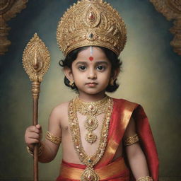 A five year old interpretation of Lord Rama, wearing richly detailed royal attire, standing with a youthful innocence yet a formidable presence.