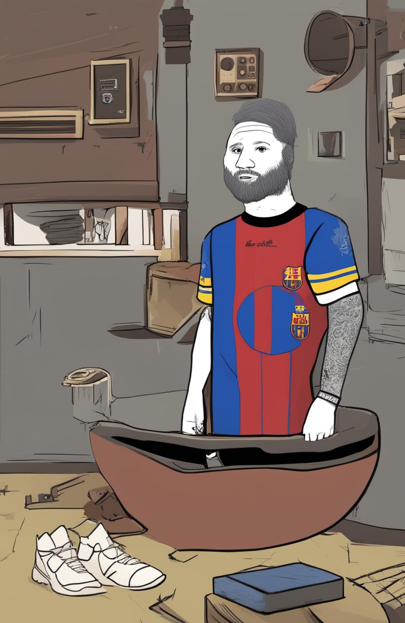 A high-quality digital art piece featuring a Wojak character resembling Lionel Messi inside a well-furnished house