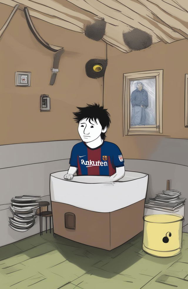 A high-quality digital art piece featuring a Wojak character resembling Lionel Messi inside a well-furnished house