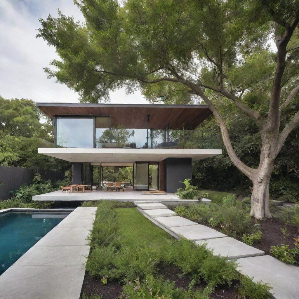 Modern, single-story home with cantilevered architectural elements and abundant integrated greenery.