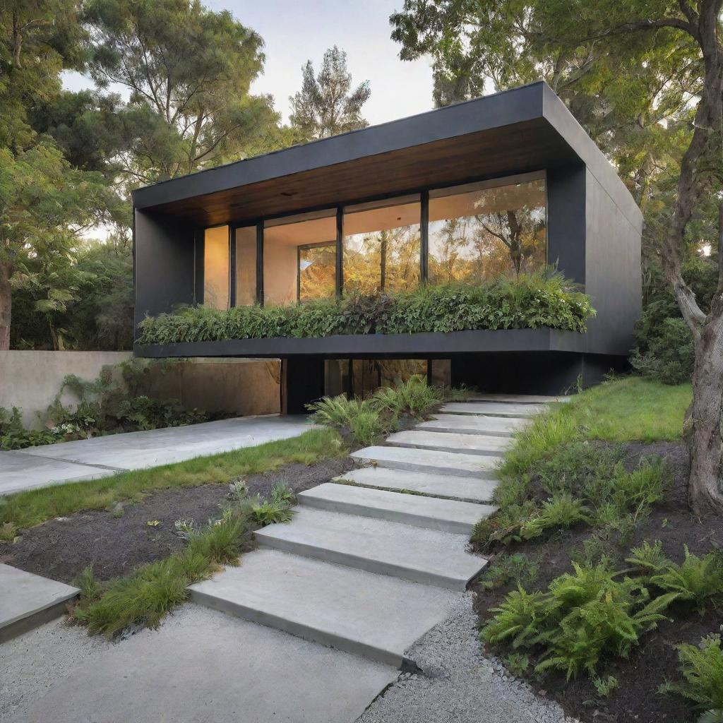 Modern, single-story home with cantilevered architectural elements and abundant integrated greenery.