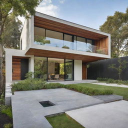 Modern, single-story home with cantilevered architectural elements and abundant integrated greenery.