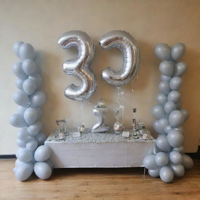 A 25th-anniversary celebratory setting for Guru Printers with a large silver '25', balloons, and a scroll depicting their milestone achievements.