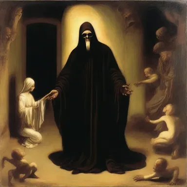 The painting depicted a mysterious tempter luring unsuspecting souls into his dark realm.
