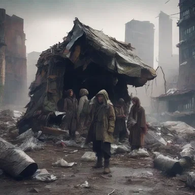 In a post-apocalyptic science fiction story, a group of survivors build their shelter in a vast trash heap outside the ruined city.