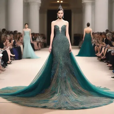 The designer showcased a stunning gown with a detachable train that resembled the elegant dock of a peacock.
