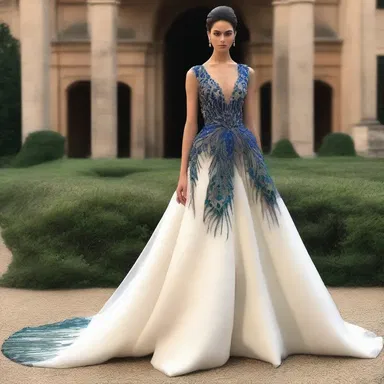 The designer showcased a stunning gown with a detachable train that resembled the elegant dock of a peacock.