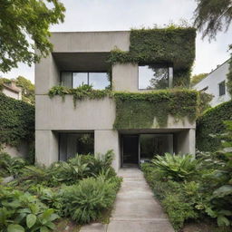 Exterior view of a modern cubist house made of concrete, camouflaged with a lush layer of plants.