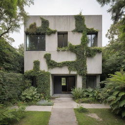 Exterior view of a modern cubist house made of concrete, camouflaged with a lush layer of plants.