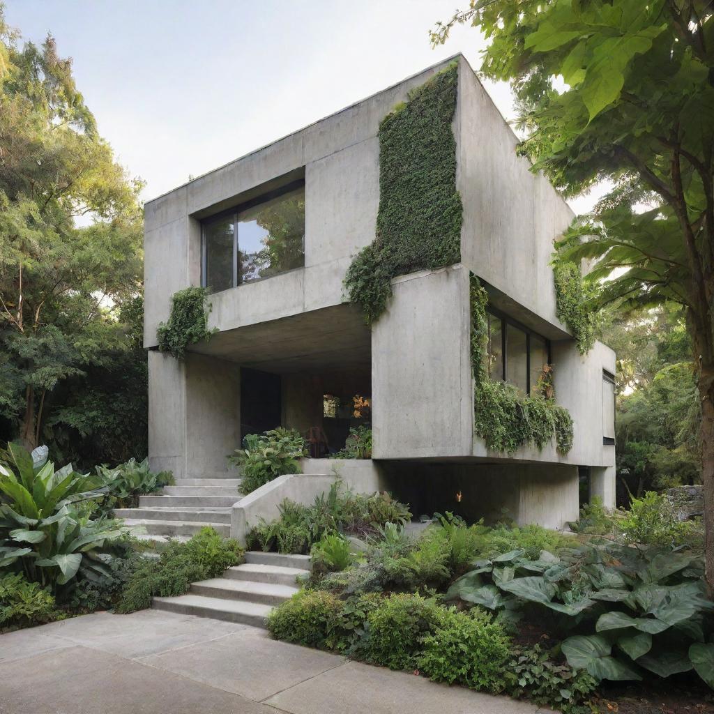 Exterior view of a modern cubist house made of concrete, camouflaged with a lush layer of plants.