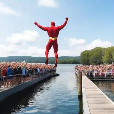 As the superhero leaped off the dock into the air, the crowd cheered in anticipation of the epic battle about to unfold.