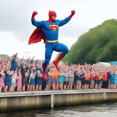As the superhero leaped off the dock into the air, the crowd cheered in anticipation of the epic battle about to unfold.
