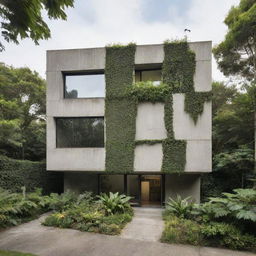 Exterior view of a modern cubist house made of concrete, camouflaged with a lush layer of plants.