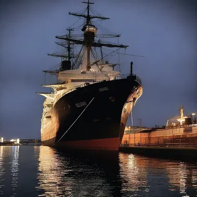 The ship was slowly docking at night, creating an eerie atmosphere as it creaked and groaned.