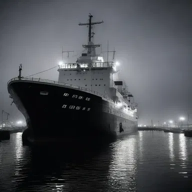 The ship was slowly docking at night, creating an eerie atmosphere as it creaked and groaned.