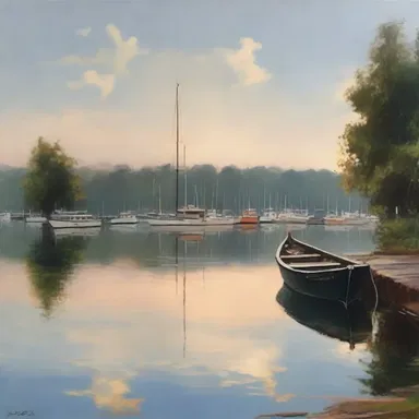 The painting depicted a serene scene where boats docked peacefully at the waterfront, capturing the tranquility of the moment.