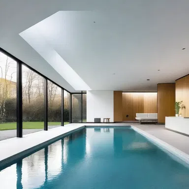 The modern and minimalist house design features a stunning indoor pool with a docked fountain resembling a swan's tail.