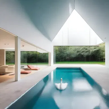 The modern and minimalist house design features a stunning indoor pool with a docked fountain resembling a swan's tail.