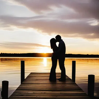 As the sun set over the horizon, the couple stood on the dock, sharing a passionate kiss.