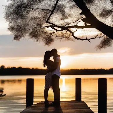As the sun set over the horizon, the couple stood on the dock, sharing a passionate kiss.