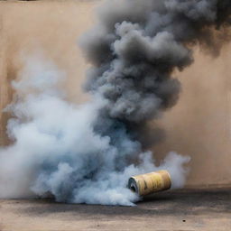 An abstract art piece showcasing the beauty and vulnerability of a dense, peaceful scene, symbolized by smoke and a used tear gas cartridge.