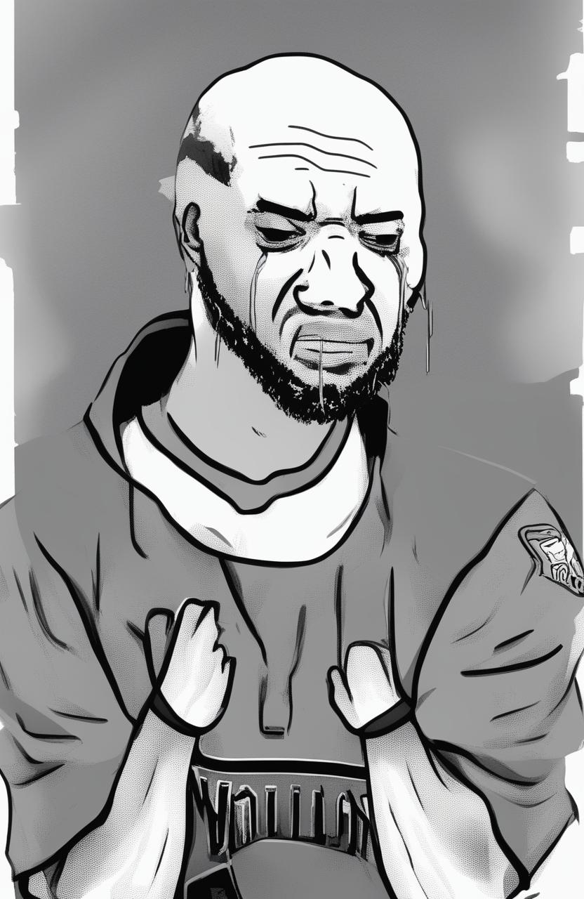 A high-resolution digital art piece featuring a Wojak meme character that resembles LeBron James, captured in a moment of intense emotion with tears streaming down his face