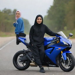 A person wearing a black hoodie, black chinos, and Nike shoes sitting on a blue Yamaha R6 motorcycle, with a girl wearing a hijab standing in the foreground.