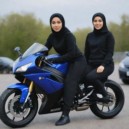 A person wearing a black hoodie, black chinos, and Nike shoes sitting on a blue Yamaha R6 motorcycle, with a girl wearing a hijab standing in the foreground.