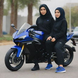 A person wearing a black hoodie, black chinos, and Nike shoes sitting on a blue Yamaha R6 motorcycle, with a girl wearing a hijab standing in the foreground.