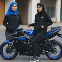 A person wearing a black hoodie, black chinos, and Nike shoes sitting on a blue Yamaha R6 motorcycle, with a girl wearing a hijab standing in the foreground.