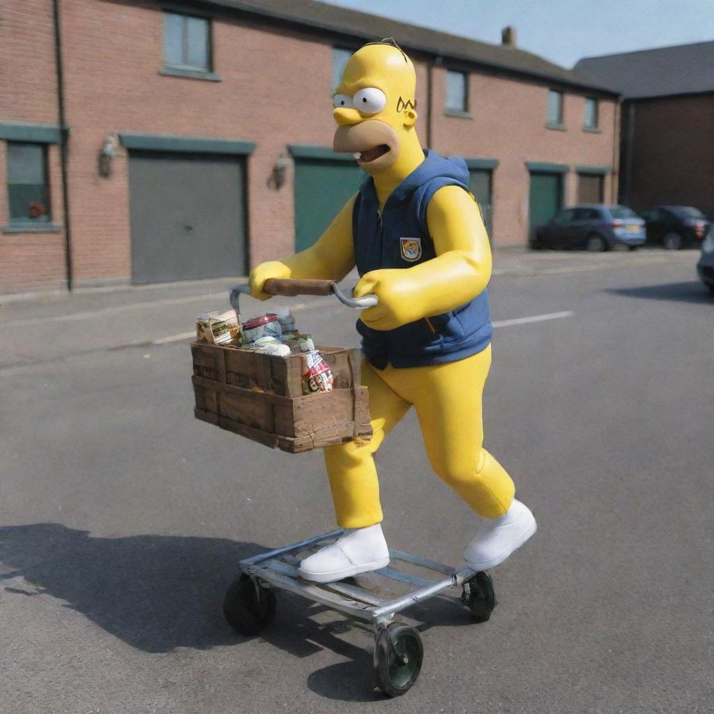 Homer Simpson in a full North Face tracksuit, cheerfully pushing an old fashion pram that hosts a crate of beers on the seat.